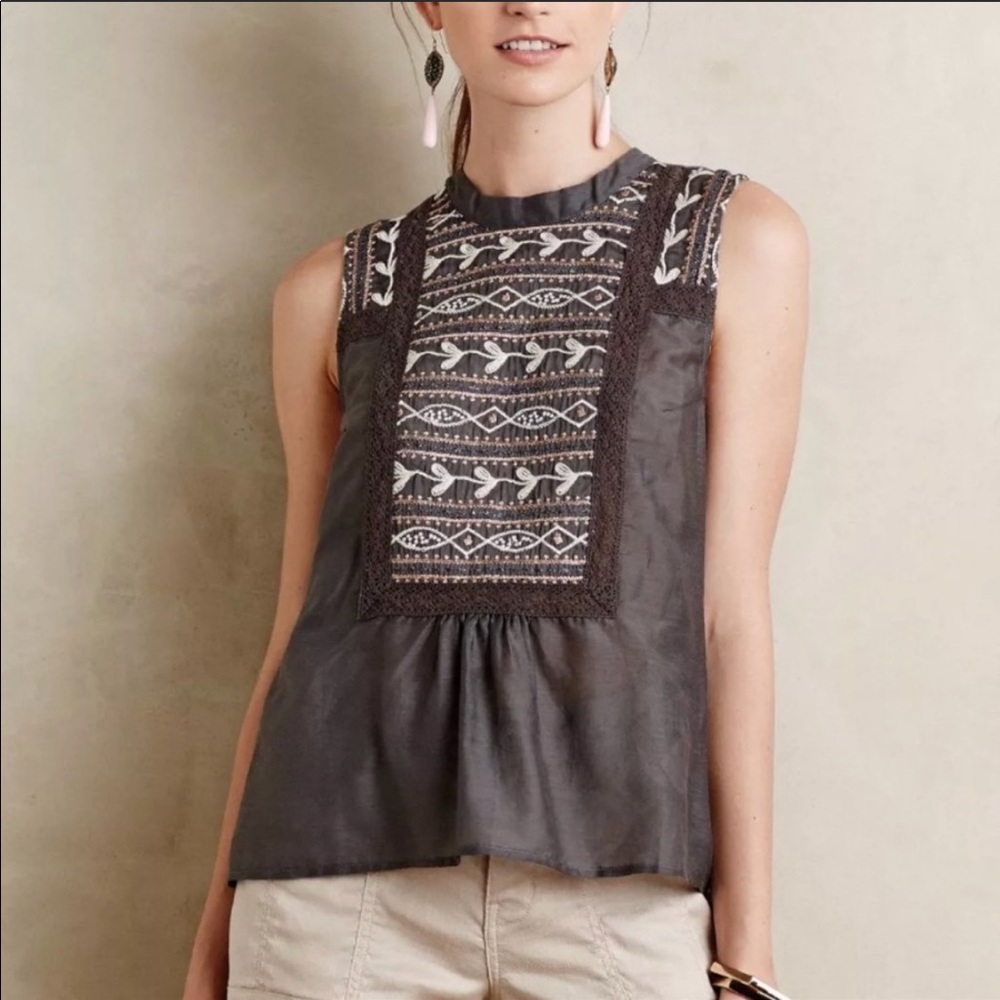 Anthropologie Gray and White Embroidered Top Large